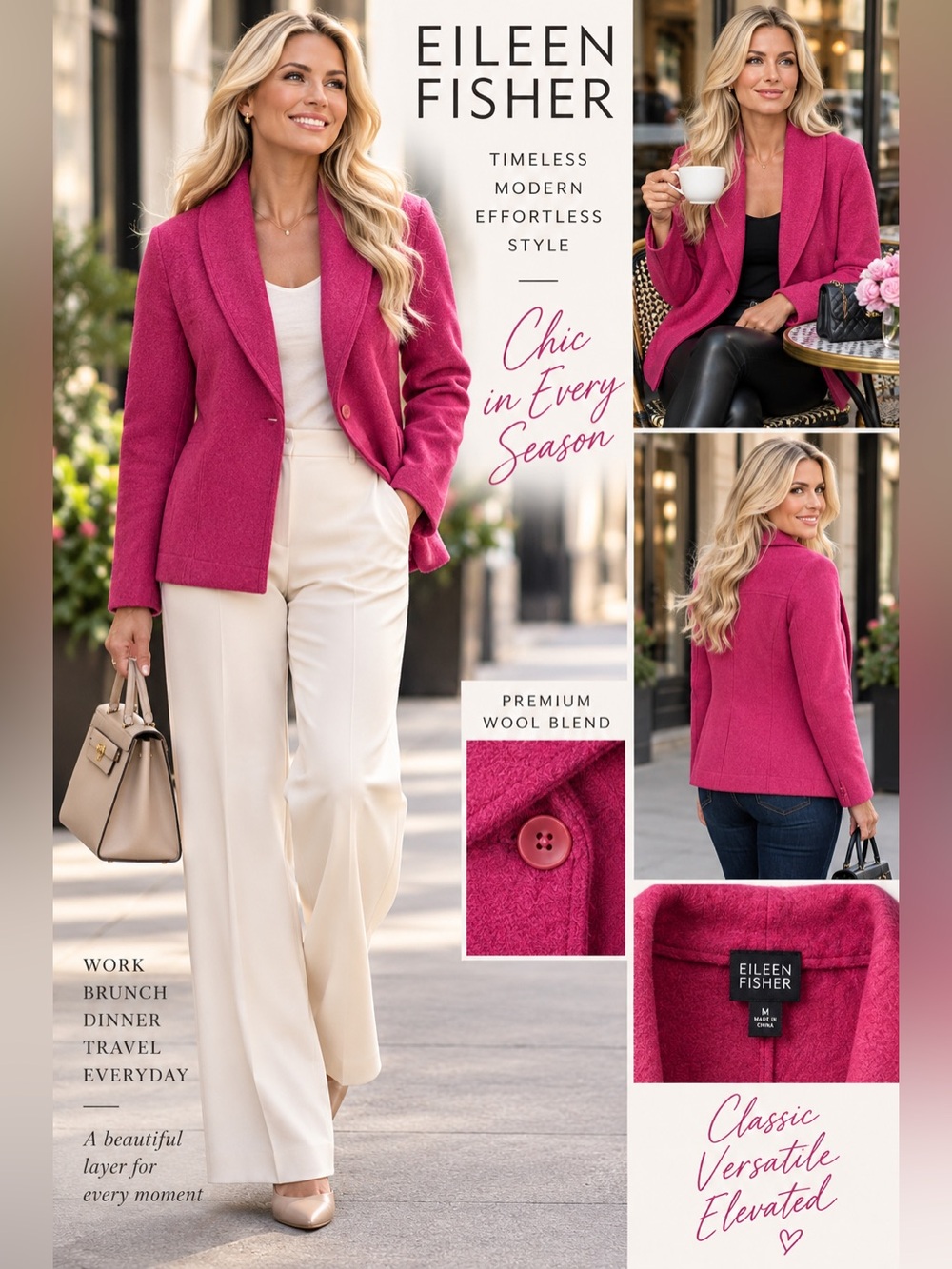 Eileen Fisher Magenta Wool-Blend shawl Collar Tailored Blazer Jacket Size Medium